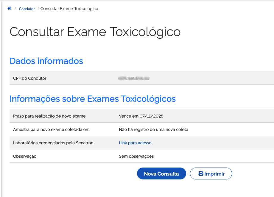 consultar exame toxicologico - SENATRAN